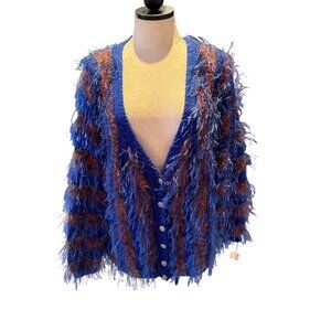 Vintage 1990s Handmade Womens Size XL Blue Coppers Wool Knit Fuzzy Cardigan